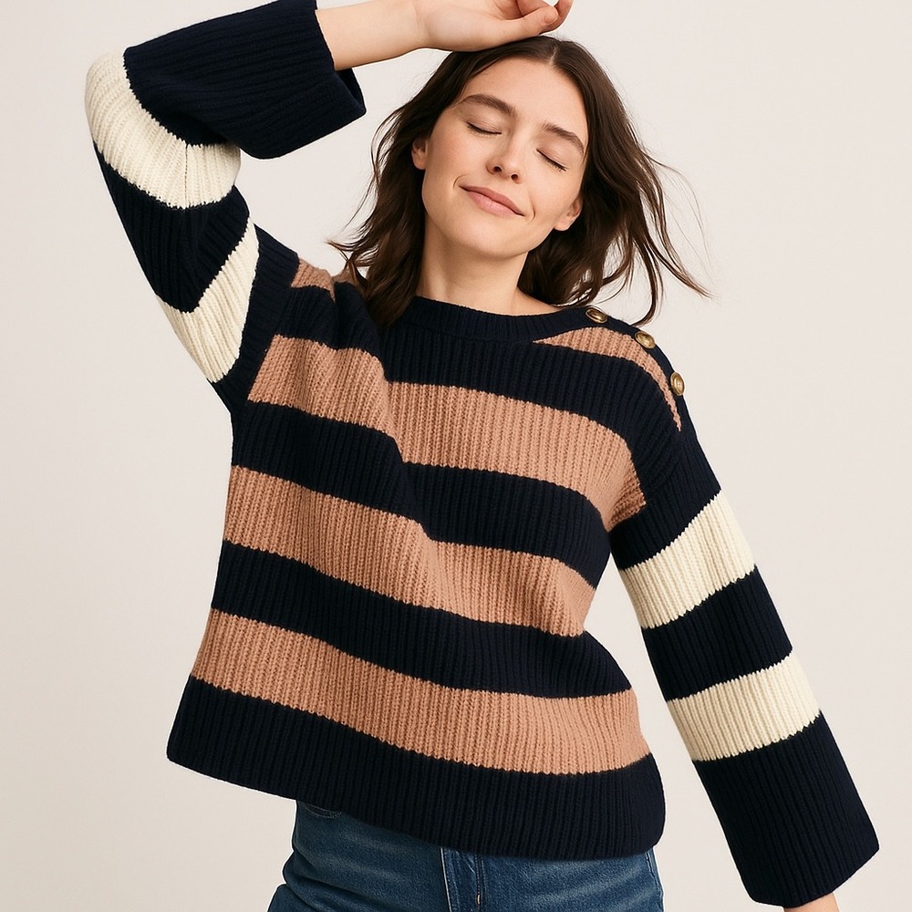 Madewell‎ Calloway Black Striped Merino Wool Blend Sweater Women's XS Button